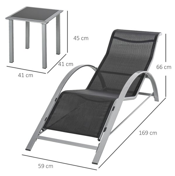 Outsunny Sdraio da Giardino Set 2 Lettino Prendisole con Tavolino con Vetro, Lettini Prendisole con Tessuto Traspirante 59x169x66cm, Nero|Aosom