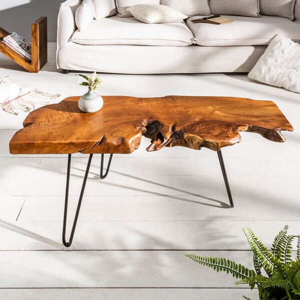 Tavolino massiccio WILD 100 cm in teak massiccio, con piano a forma di tronco e gambe a forcina, tavolino da salotto in legno