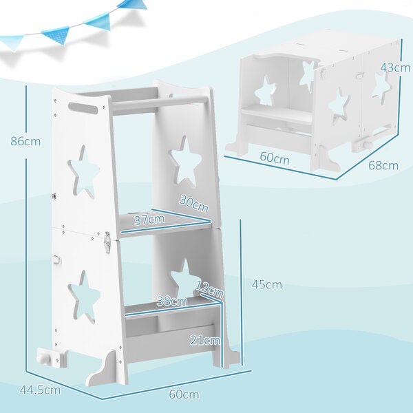 AIYAPLAY Scala Montessori Convertibile in Set Tavolo e Sedie con Barra di Sicurezza, in Legno, 60x44.5x86 cm, Bianco