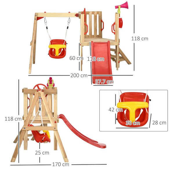 Outsunny Set con Scivolo e Altalena da Giardino per Bambini Età 18-48 Mesi, in Legno e Plastica, Rosso|Aosom