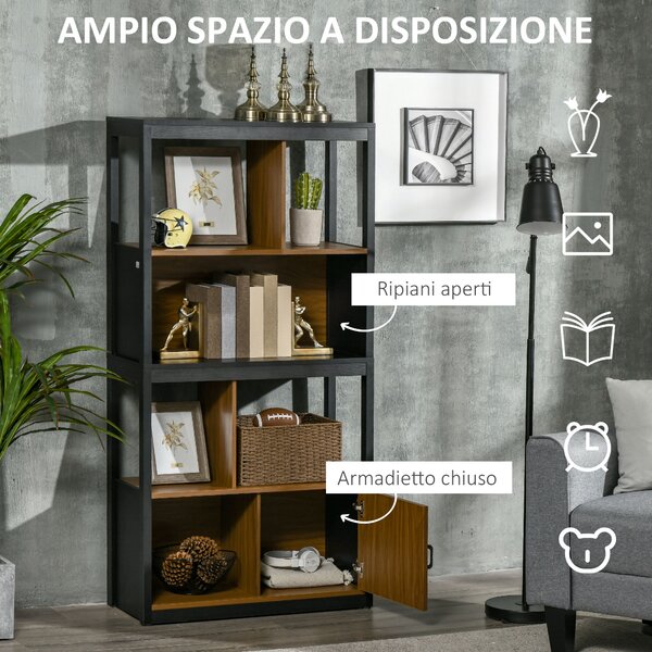 HOMCOM Mobile Libreria 4 Livelli Aperti con Armadietto, in Truciolato e MDF, 76.5x30x150 cm, Marrone e Nero|Aosom