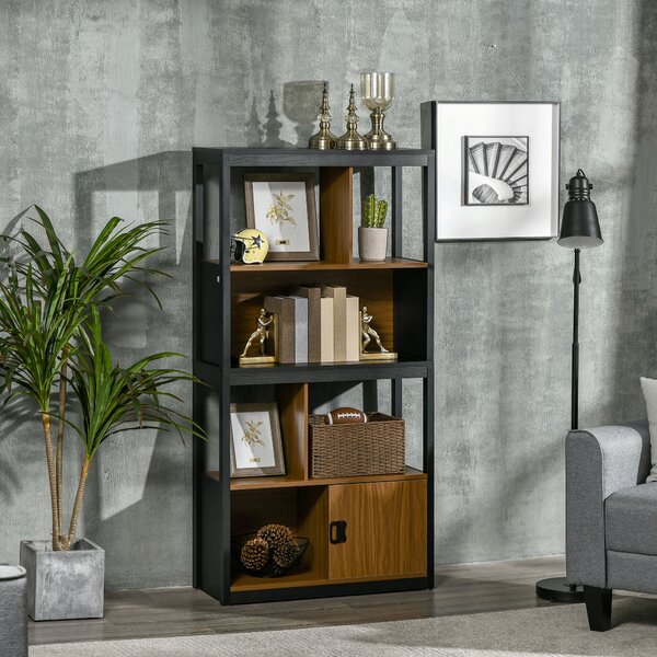 HOMCOM Mobile Libreria 4 Livelli Aperti con Armadietto, in Truciolato e MDF, 76.5x30x150 cm, Marrone e Nero|Aosom