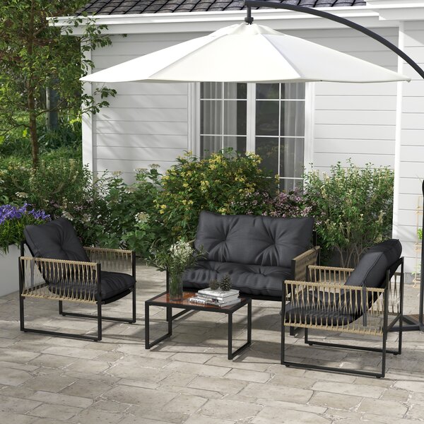 Outsunny Set da Giardino 4 Pezzi in Rattan con Divanetto, 2 Sedie e Tavolino da Caffè, Grigio e Marrone