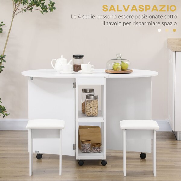 HOMCOM Set da cucina 5 Pezzi, Tavolo pieghevole con 2 ripiani e 4 Sgabelli in Legno truciolato, Bianco|Aosom