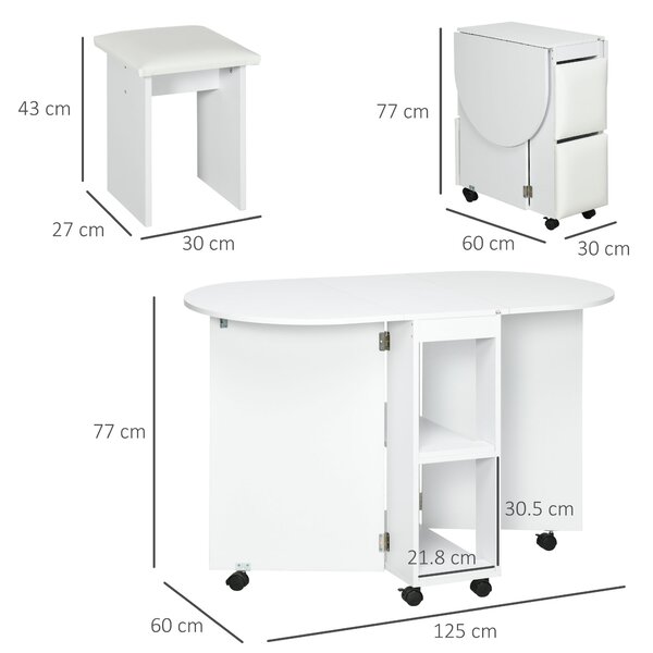 HOMCOM Set da cucina 5 Pezzi, Tavolo pieghevole con 2 ripiani e 4 Sgabelli in Legno truciolato, Bianco|Aosom