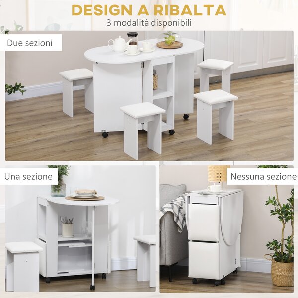 HOMCOM Set da cucina 5 Pezzi, Tavolo pieghevole con 2 ripiani e 4 Sgabelli in Legno truciolato, Bianco|Aosom