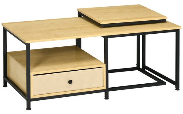 HOMCOM Set 2 pezzi Tavolino da Caffè e Tavolino Laterale a C in Acciaio e Truciolato, Color Legno - Soluzioni Pratiche per Arredo Moderno