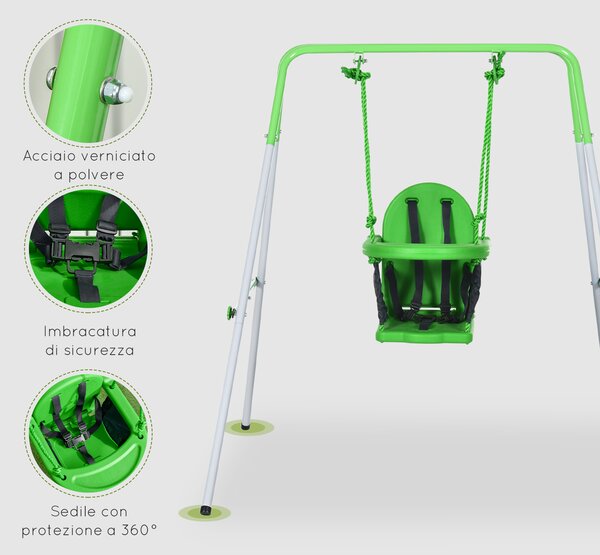 Outsunny Altalena per Bambini 6-36 Mesi da Giardino e Salotto in Acciaio e PE con Seggiolino e Bretelle di Sicurezza, 122x146x122 cm, Verde|Aosom
