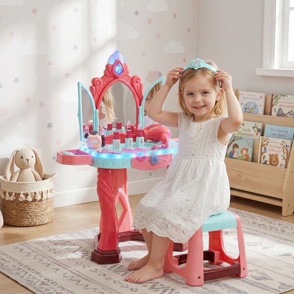 AIYAPLAY Tavolino Toeletta per Bambine con Sgabello, Specchio, Luci e Accessori, in PP e GPPS, 57x34x76 cm, Multicolore