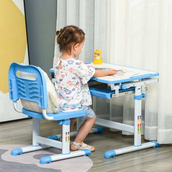 HOMCOM Set Tavolo e Sedie per Bambini 6-12 Anni con Banco Altezza Regolabili,Cassetto e Piano Inclinabile a 45°,in acciaio e MD,Blu |Aosom Italy