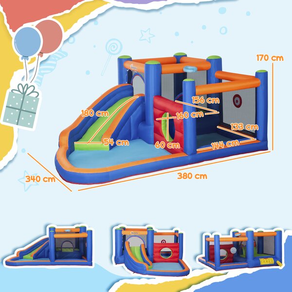 Outsunny Castello Gonfiabile per Bambini 3-8 Anni con Scivolo, Trampolino e Piscina, 380x340x170cm