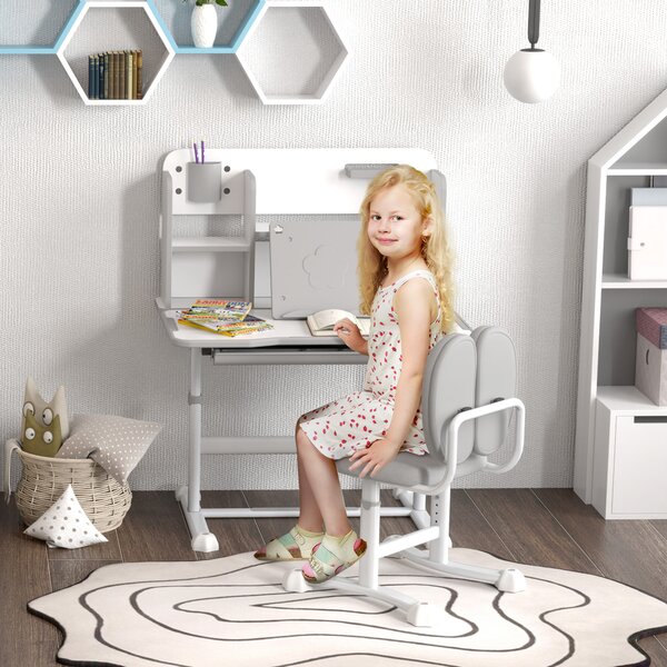 AIYAPLAY Set Tavolo e Sedie per Bambini 6-12 Anni, Scrivania con Altezza Regolabile e Sedia Inclinabile, Set Studio Ergonomico, Grigio | Aosom Italy