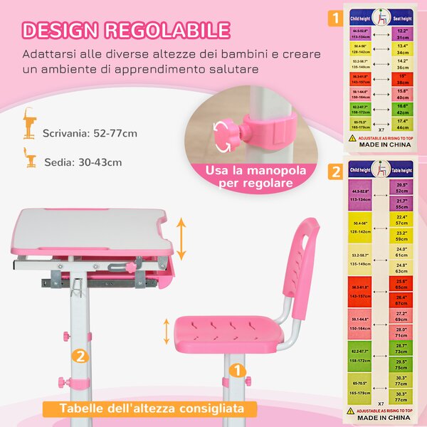 HOMCOM Set Tavolo e Sedie per Bambini 6-12 Anni con scrivania e Altezza Regolabile, Piano Inclinabile, 66x47x52-77 cm, Rosa|Aosom Italy