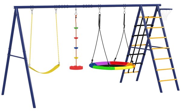 AIYAPLAY Gioco per Bambini 3-8 Anni con 3 Altalene, Scala a Corda e Canestro Basket, in Acciaio, PE e PP, 3.5x1.8x2 m