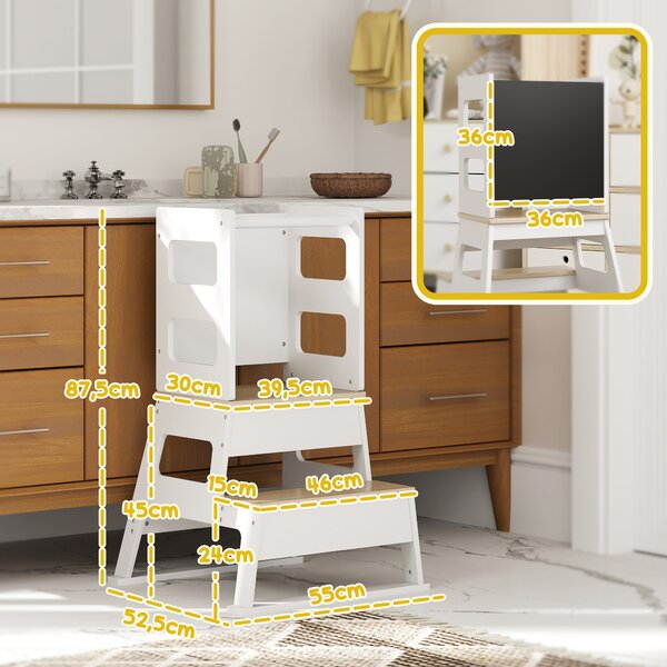 AIYAPLAY Scala Montessori per Bambini con Lavagna e Ringhiera, struttura trapezoidale in Legno, 55x52.5x87.5 cm, Bianco e color Legno|Aosom Italy