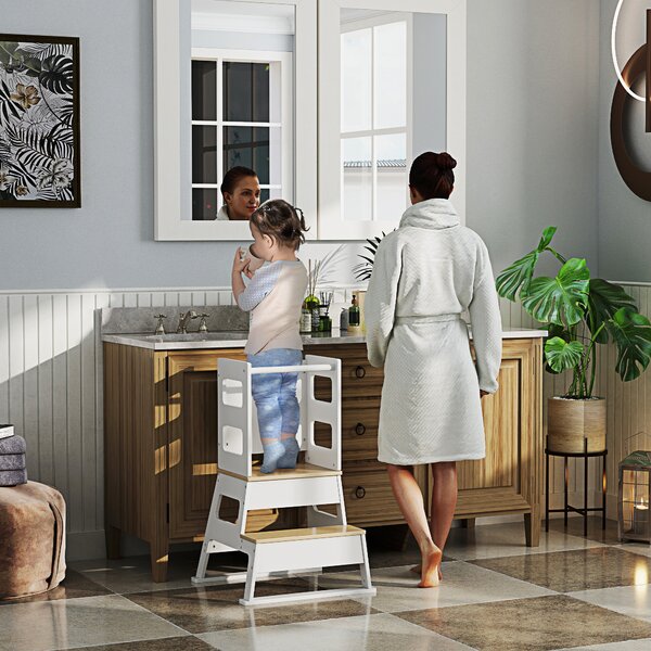 AIYAPLAY Scala Montessori per Bambini con Lavagna e Ringhiera, struttura trapezoidale in Legno, 55x52.5x87.5 cm, Bianco e color Legno|Aosom Italy