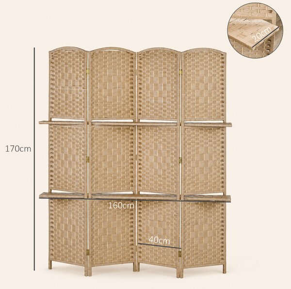 HOMCOM Paravento da Interno a 4 Pannelli Pieghevole con Mensole 160x170 cm, Colore Naturale