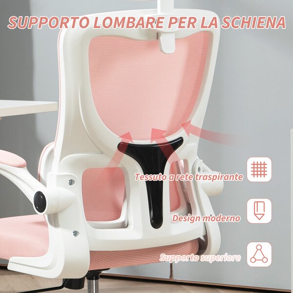 Vinsetto Sedia da Ufficio Regolabile e Reclinabile con Poggiatesta Rimovibile, in Tessuto a Rete, 60x59x114-122 cm, Rosa | Aosom Italy