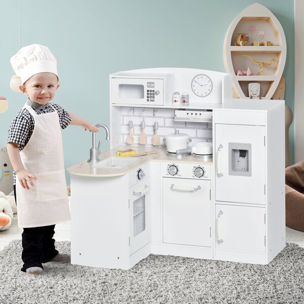 HOMCOM Cucina Giocattolo per Bambini in Legno con 14 Accessori, Forno, Lavandino, Frigo e Microonde, Età 3+ Anni, 86x64x84.5cm, Bianco e Argento|Aosom