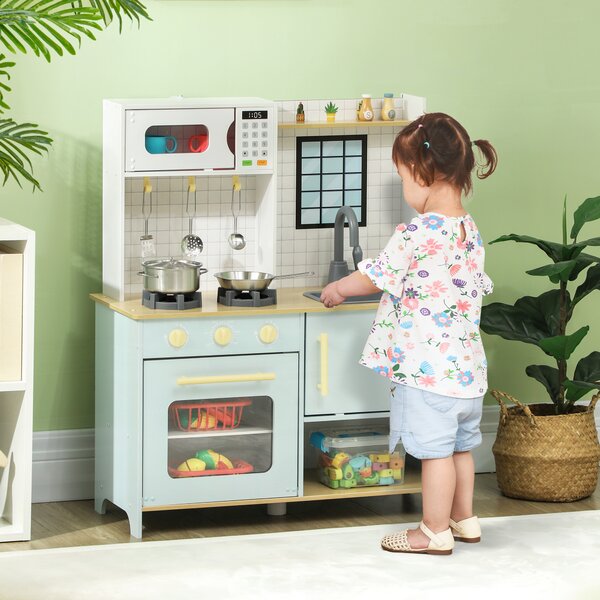 AIYAPLAY Cucina Giocattolo per Bambini con Fornelli e Armadietti, in Acciaio, Legno e PP, 72x33x85.2 cm, Blu e Bianco