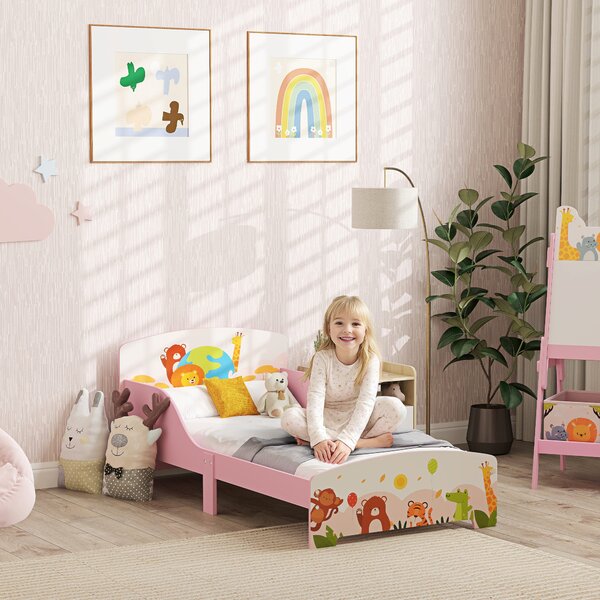 AIYAPLAY Lettino per Bambini 3+ Anni in Legno con Bordi Rialzati e Sponde di Sicurezza, 143x77x60 cm, Rosa | Aosom Italy