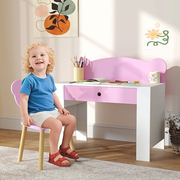 AIYAPLAY Set Scrivania per Bambini con Cassetto e Sedia con Schienale a Orsetto, Età 3-8 Anni, Rosa | Aosom Italy