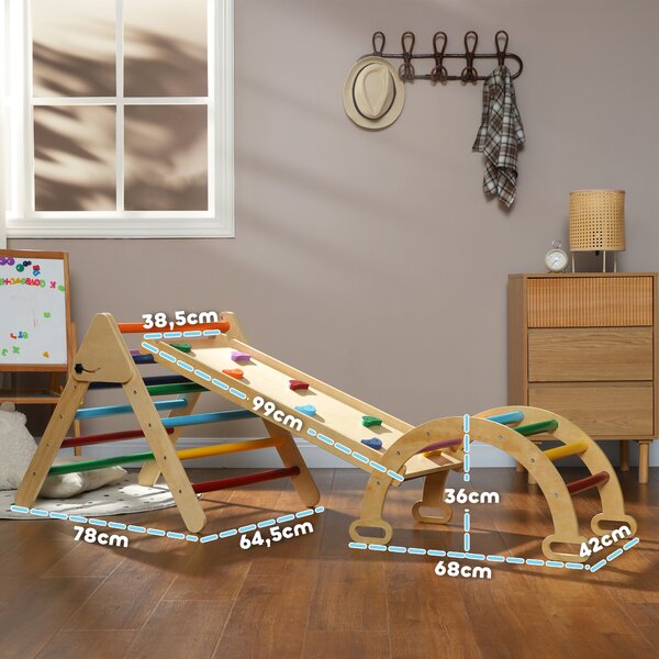 AIYAPLAY 5 in1 Gioco Arrampicata Bambini con Triangolo e Arco Montessori e Rampa con Pietre in Legno di Pino, 178x64.5x63cm | Aosom Italy