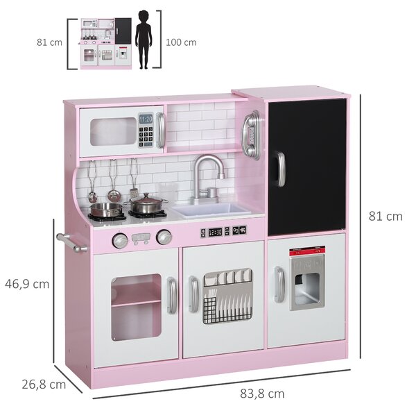 AIYAPLAY Cucina Giocattolo in Legno per Bambini 3-8 Anni con Fornelli, Microonde, Lavandino, e Accessori, Rosa | Aosom Italy