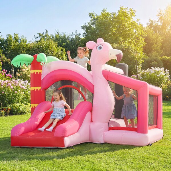 AIYAPLAY Castello Gonfiabile Scivolo e Trampolino 4 in 1, 255x230x196cm, Rosa | Aosom Italy