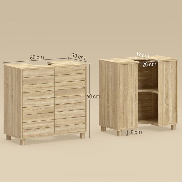 HOMCOM Mobile Sottolavabo a Forma di U con Ripiano Regolabile, Ante a Doghe e Piedini in Feltro, 60x30x60 cm, Legno Naturale | Aosom Italy