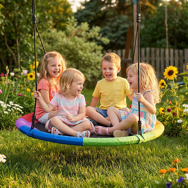 AIYAPLAY Altalena Nido per Bambini 3-8 Anni con Corde e Cinghie, in PE e Tessuto Oxford, 120x120x180 cm, Multicolore | Aosom Italy