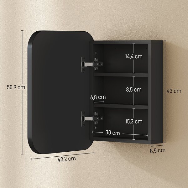 HOMCOM Armadietto con Specchio Contenitore a 2 Ripiani Regolabili, in Legno e Vetro, 40.2x10.2x50.9 cm, Nero | Aosom Italy