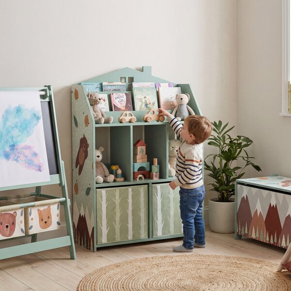AIYAPLAY Scaffale Portagiochi Bambini in Legno FSC, 2 Contenitori Rimovibili in Tessuto e Ripiani, per Cameretta, Verde | Aosom Italy