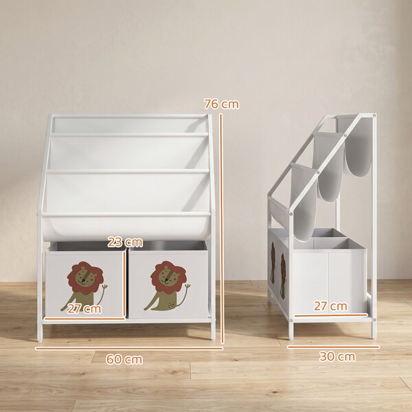 AIYAPLAY Libreria Montessori 3-8 anni con 4 ripiani, 2 contenitori e stampa leone, bianco | Aosom Italy