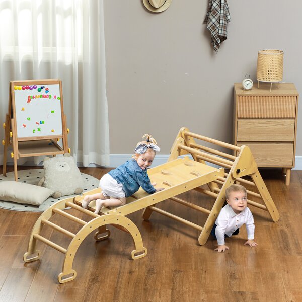 AIYAPLAY Gioco Arrampicata Bambini con Triangolo e Arco Montessori e Rampa con Pietre, 178x64.5x63 cm, Color Legno | Aosom Italy