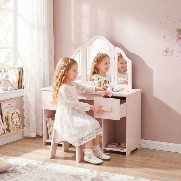 AIYAPLAY Toeletta Bambini con Sgabello, Specchio a Tre Ante, 2 Cassetti e 2 Armadietti, in Legno, 3+ Anni, Rosa | Aosom Italy