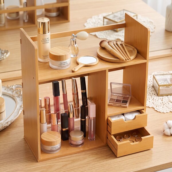 HOMCOM Organizer da scrivania reversibile in bambù con 2 cassetti e ripiani | Aosom Italy