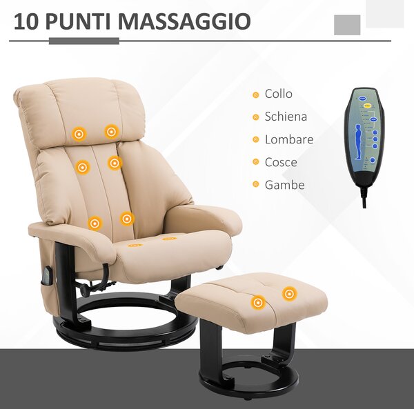 HOMCOM Poltrona Relax Reclinabile Massaggiante con Pouf Poggiapiedi e Telecomando, Beige | Aosom Italy