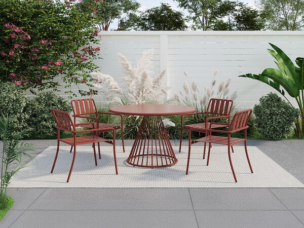 Sala da pranzo da giardino in Metallo: tavolo D.120 cm e 4 poltrone impilabili Terracotta - BIRMOS di MYLIA