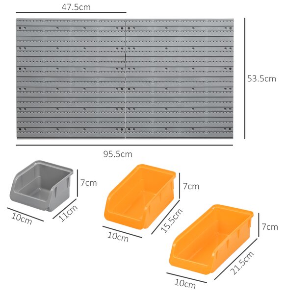 DURHAND Scaffale da Parete per Utensili 95x54 cm con 28 Scatole Impilabili e Vari Ganci Grigio e Arancione | Aosom Italy