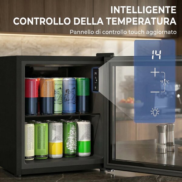 HOMCOM Mini Frigo da Ufficio 46L, 59 Lattine, Temperatura Regolabile 0-20℃ con Porta in Doppio Vetro Temperato, Nero | Aosom Italy