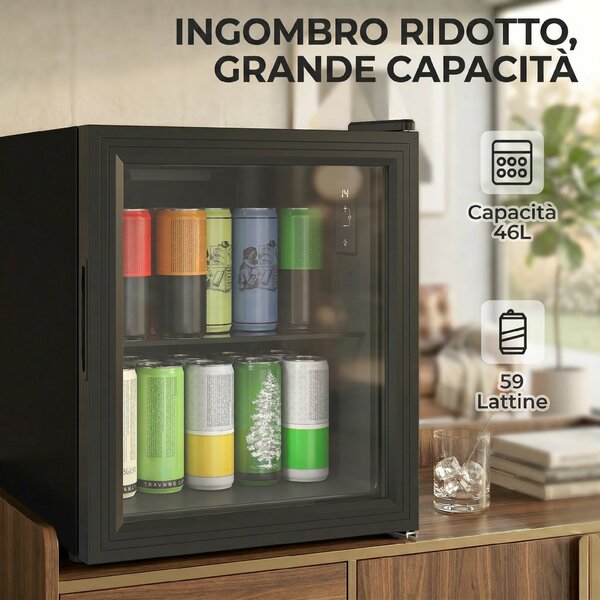 HOMCOM Mini Frigo da Ufficio 46L, 59 Lattine, Temperatura Regolabile 0-20℃ con Porta in Doppio Vetro Temperato, Nero | Aosom Italy