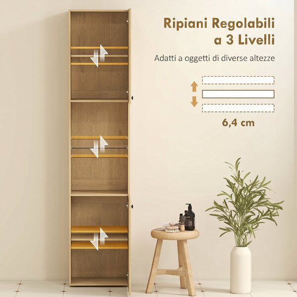 HOMCOM Colonna da Bagno Slim 6 Ripiani, 2 Ante, Scomparti Aperti, Ripiano in Vetro Temperato, Ripiani Regolabili, Rovere | Aosom Italy