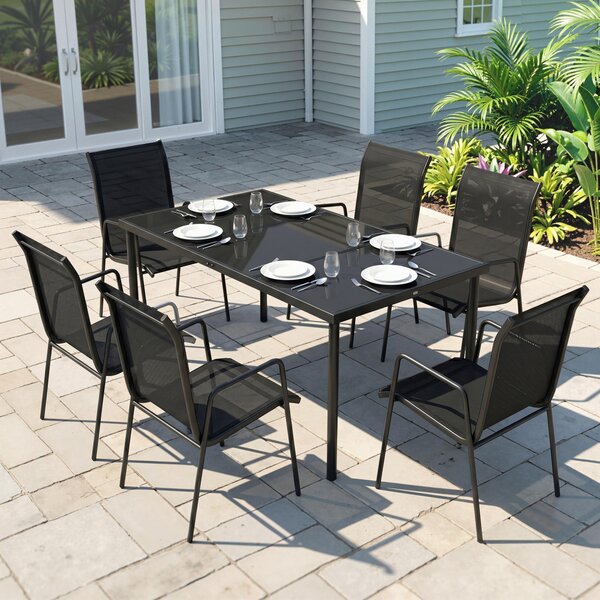 Outsunny Set da Esterno 7pz in Acciaio con 6 Sedie Impilabili in Texteline e Tavolino da Caffè con Piano in Vetro, Nero | Aosom Italy