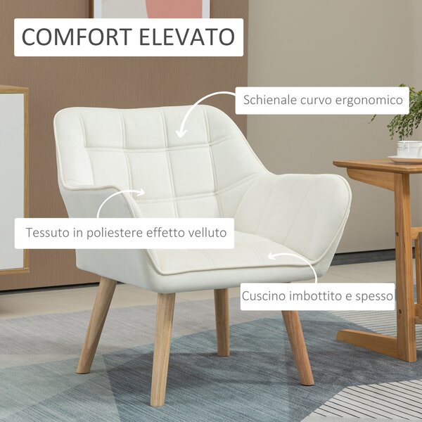 HOMCOM Poltrona Design Scandinava in Legno ed Effetto Velluto Crema, per Soggiorno o Ufficio, 68.5x61x72.5 cm|Aosom