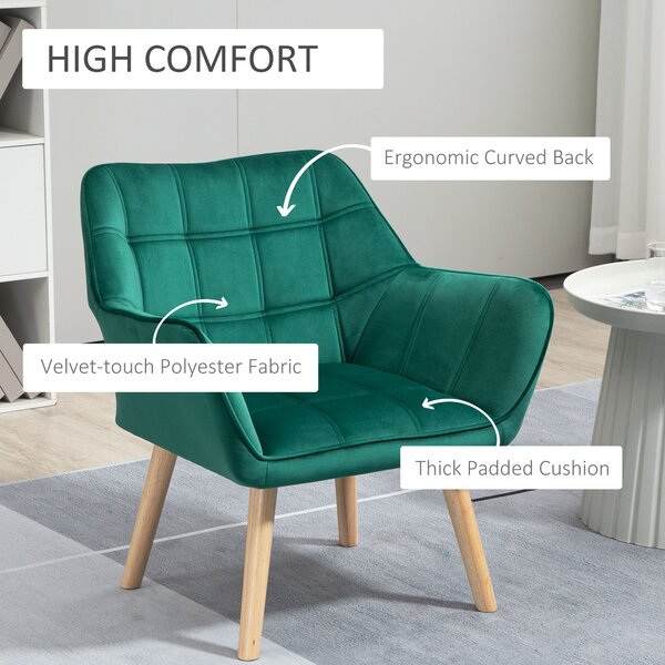 HOMCOM Poltroncina Stile Nordico in Legno ed Effetto Velluto Verde per Soggiorno o Ufficio, 64x62x72.5 cm|Aosom