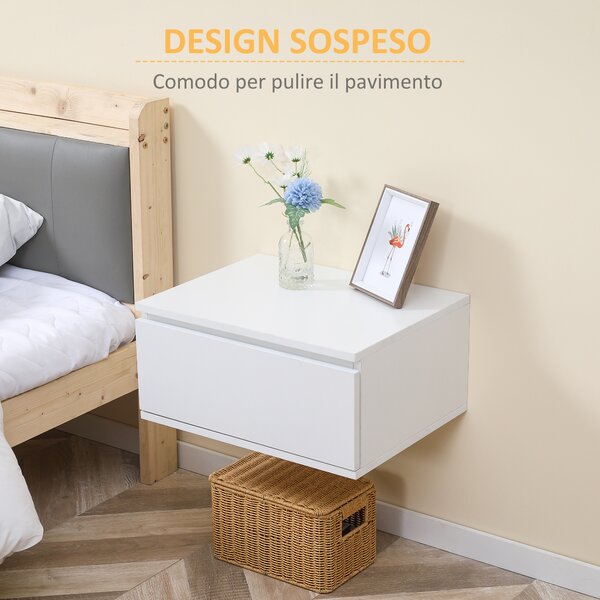 HOMCOM Set 2 Comodini Sospesi Salvaspazio con Cassetto in Legno e MDF, Comodini Sospesi Camera da Letto, 49x38x23 cm, Bianco | Aosom Italy