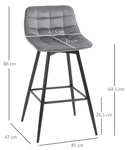 HOMCOM Set 2 Sgabelli Bar Sedie Imbottite, Stile Nordico, Velluto Grigio, Poggiapiedi, 45x47x88cm, Comfort e Design|Aosom