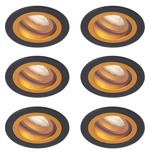 Set di 6 faretti da incasso moderni neri con oro orientabili e inclinabili IP44 - Chuck