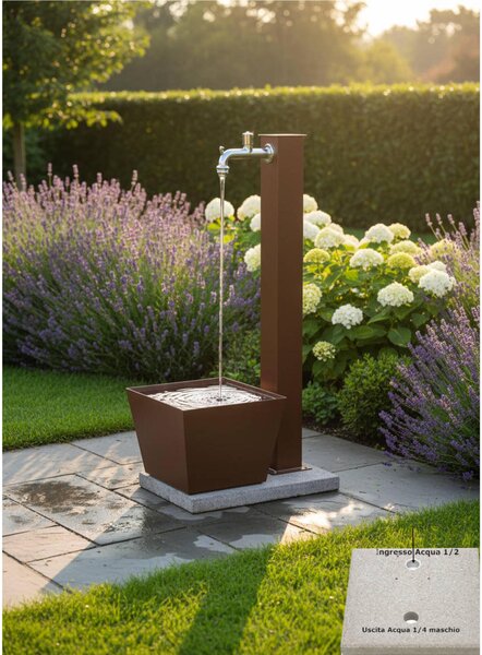 Fontana da Giardino con Rubinetto E vasca Rettangolare Dimensioni 40x40x h 91 - peso 14.3 kg con tubo rubinetto, Colore Ruggine